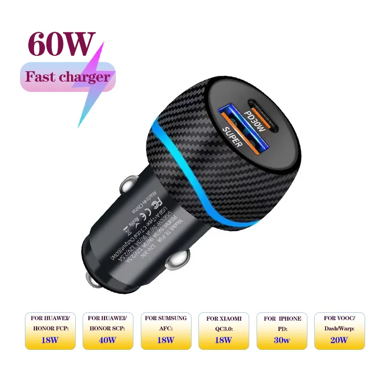 

2 Port 60W car charger PD30W+QC30W car phone charger for HUAWEI iPhone Samsung Xiaomi fast charging cigarette lighter adapter