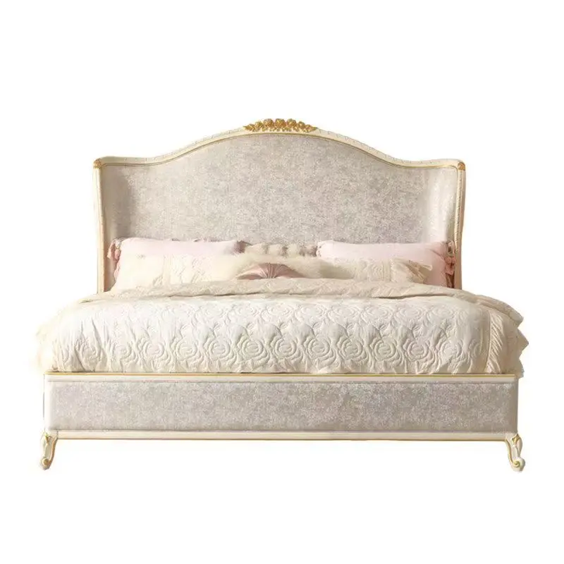 Klassisches handgeschnitztes französisches Luxus-Doppelbett aus massivem Eichenholz mit getuftetem Samtbezug und geschnitztem Rahmen