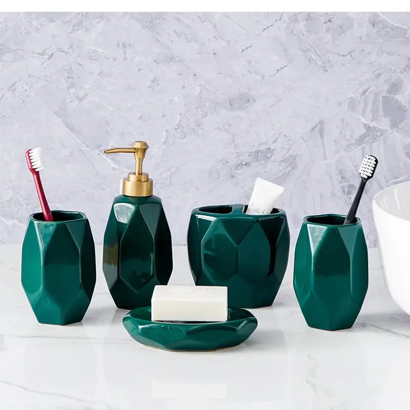 Bathroom Accessories Set, Green Ceramics, Toothbrush Holder, Soap Dispenser, Lotion Bottle, Box, Toothpaste Dispenser