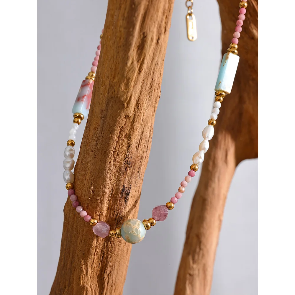 Yhpup Natural Stone Freshwater Pearls Rhodochrosite Beads Chain Trendy Handmade Necklace Golden Summer Stainless Steel Jewelry