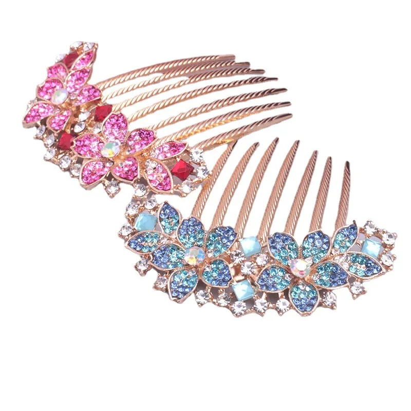 Headwear Classic Rhinestone Hollow Out Flower Colorful Hair Ornament 7 Teeth Wedding Hair Clip Sturdy for Dating