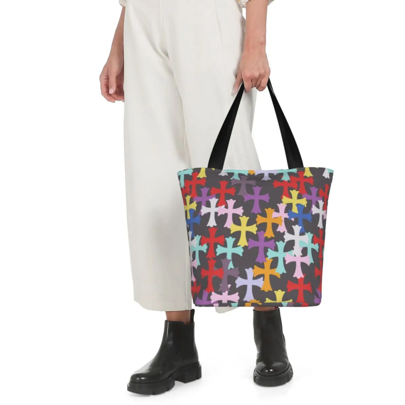 

Colorful Cross Tote Bag Single Shoulder Shopping Grocery Bags Oxford Canvas Fashion Handbag with Zipper Women Worship Gift Girls