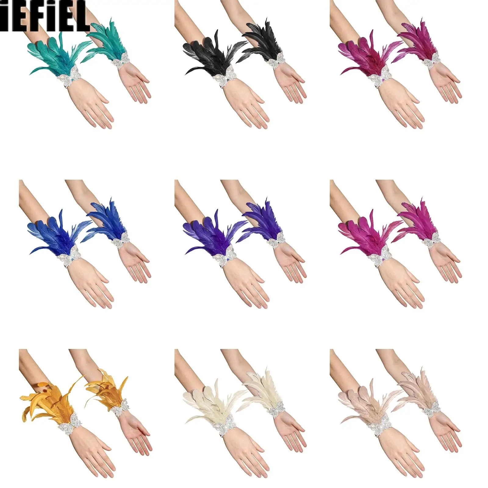 Elastic Faux Feather Wristbands Butterfly And Sparkling Rhinestones Decoration for Festival Performance Dance Carnival Cosplay