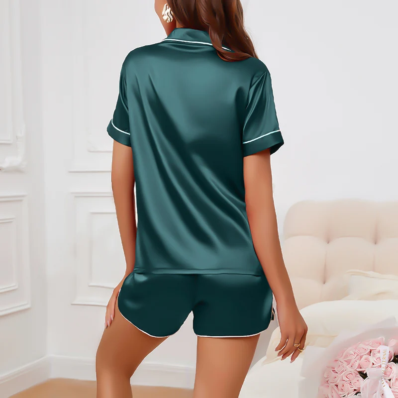 Women\'s Satin Pajama Set Summer Short Sleeve Lapel Tops with Shorts Sleepwear Pocket Heart Embroidery Nightwear Home Clothing