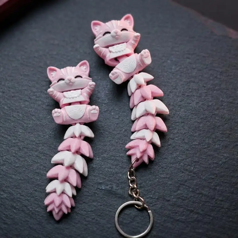 3D-gedruckter rosa Katzen-Schlüsselanhänger mit beweglichem, flexiblem Schwanz, niedliches Cartoon-Design zur Rucksackdekoration, Geschenk für Katzenliebhaber – Detail 1