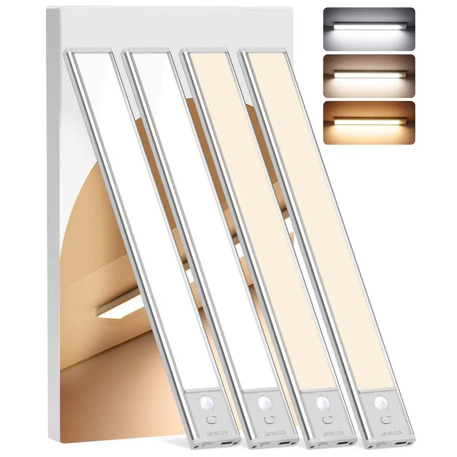

Cabinet Lighting Wireless, 4Pack Motion Sensor Light Indoor with 3 Color Temps, Dimmable Closet Lights Battery Operated, LED Mag