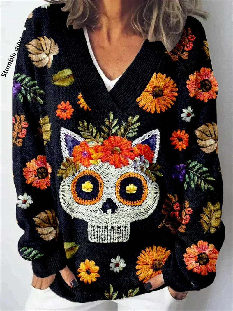 Autumn Winter Sweater Women's Casual Fashion Y2K Retro European American Soft Christmas Deer Dog Snowman Print Knit Top​