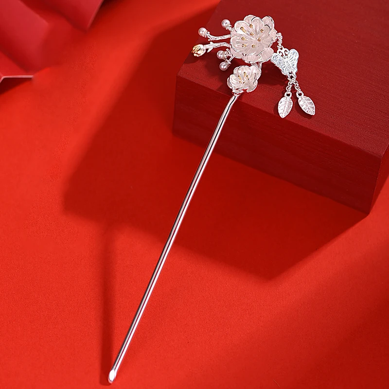 

ZABRA 990 Pure Silver Crabapple Flower Hairpin, Antique Style Women's New Chinese Silver Hairpin Gift