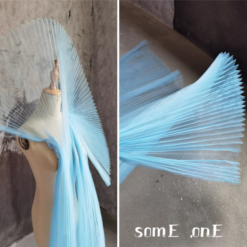 Stiff Accordion Pleated Mesh Tulle Fabric Blue DIY Bubble Skirt Wedding Dress Shape Sew Fashion Dress Designer Fabric