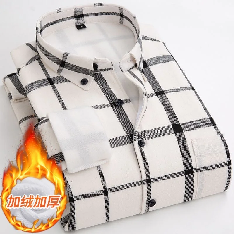 New Autumn and Winter American Vintage Fleece-Lined Thickened Warm Plaid Shirt Men's Casual Loose Sports Plus Size Shirt