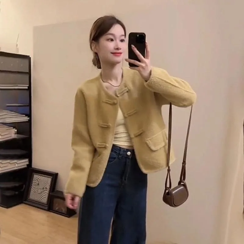 Nuevo Chaqueta con hebilla Retro de estilo chino, Top corto holgado y delgado para mujer