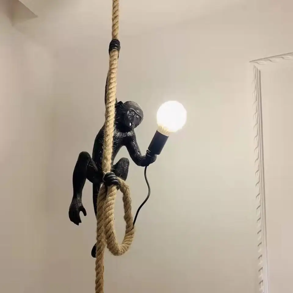 Nordic Resin Hemp Rope Monkey Wall Lamp Children's Room Bar Restaurant Corridor Storefront Decoration Animal Pendant Light