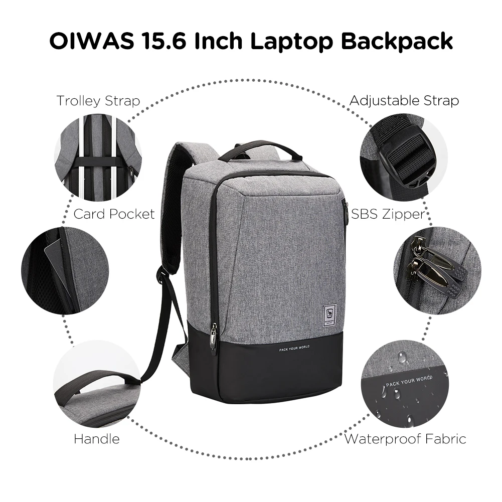 OIWAS Waterproof Laptop Backpack with USB Charging Port Breathable Luggage Strap Computer Bag for Travel And Business