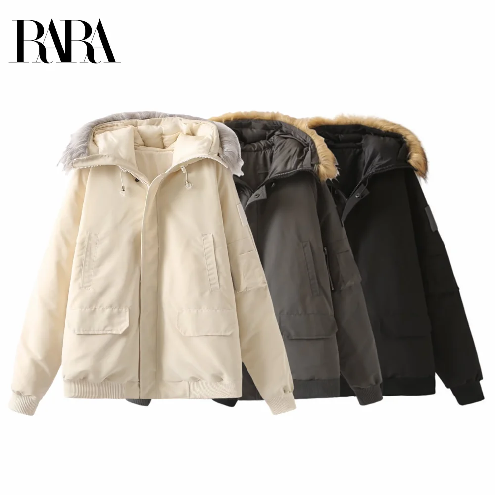 2025 RARA new women's American parka with fur collar cotton windproof jacket with pocket decoration thick and warm