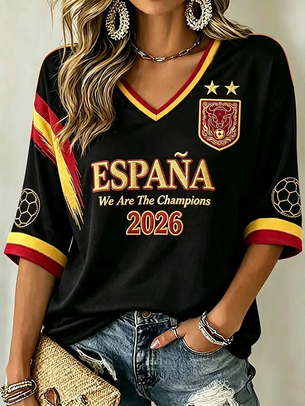 Women's Spain We Are The Champions 2026 Print Celebrate España Football Printed T-shirt Spain Football Cultural T-Shirt