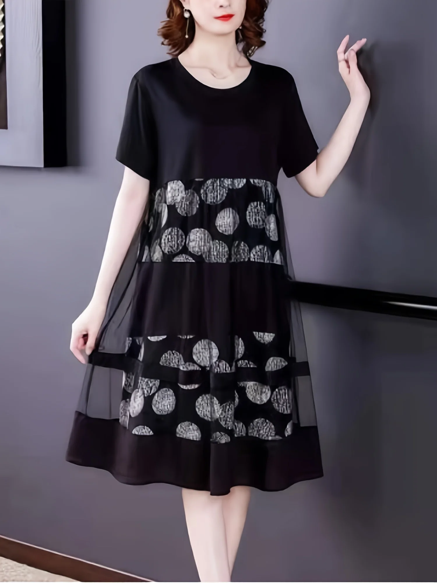 Damen Sommerkleid mit kurzen Ärmeln, Netzdekoration, atmungsaktiv, bequem, für Outdoor-Aktivitäten, Pendeln, lässig, modisch, elegant
