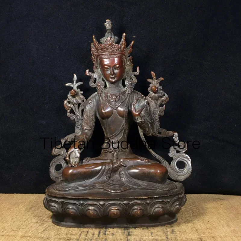 

29cm Tibetan Red Bronze Buddha Articles White Tara Guanyin Bodhisattva Statue Ornament