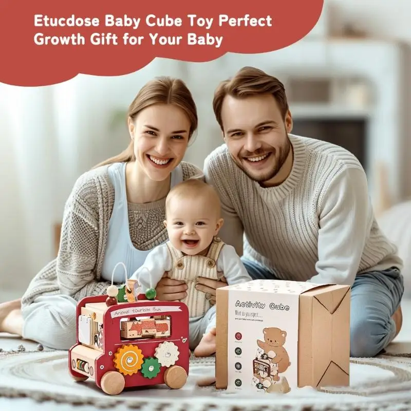 木製学習おもちゃバスアクティビティキューブおもちゃ子供のためのインタラクティブなゲームと安全な遊びを奨励細かい運動能力 A2UB