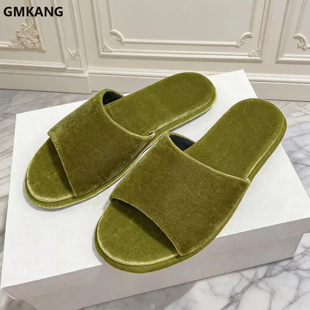 

Summer Women's Velvet Mules Round Peep Toe One Strap Slip-on Flat Shoes Lightweight Comfort Casual Slippers GMKANG