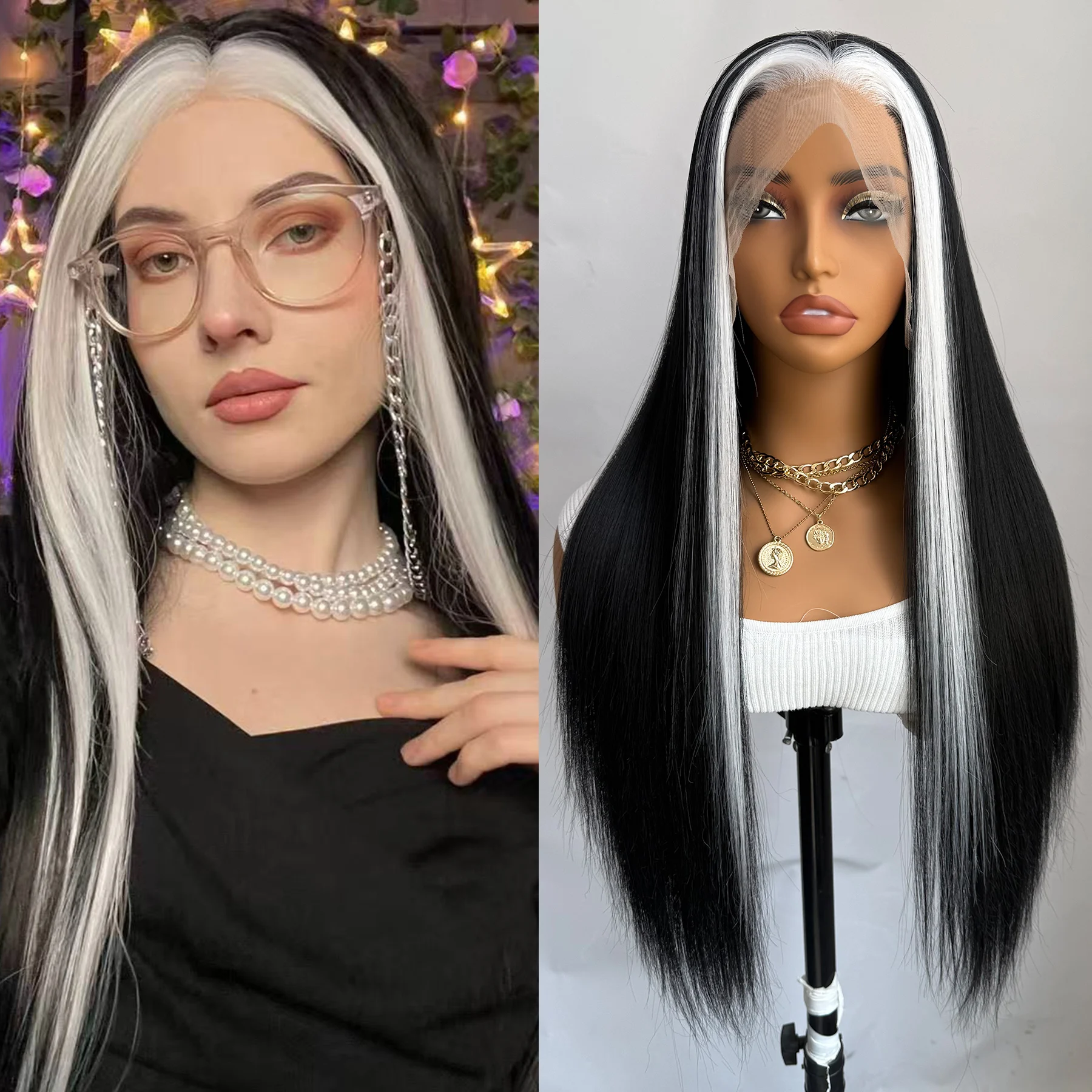 Black Wig with White Highlights Mix Color Long Silky Straight Synthetic Lace Front Wigs for Women Natural Hairline Daily Use Wig