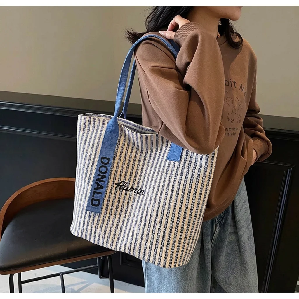 Women'S Tote Handbag Classic Striped Canvas Tote Bag Casual Tote Bag Casual Large Capacity Shoulder Bag For School Shopping