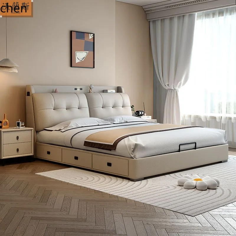 HT Minimalist Ecological Leather Light Luxury Home Wedding Bed Double Bed High Box Storage Solid Wood Plank Upholstered Bed