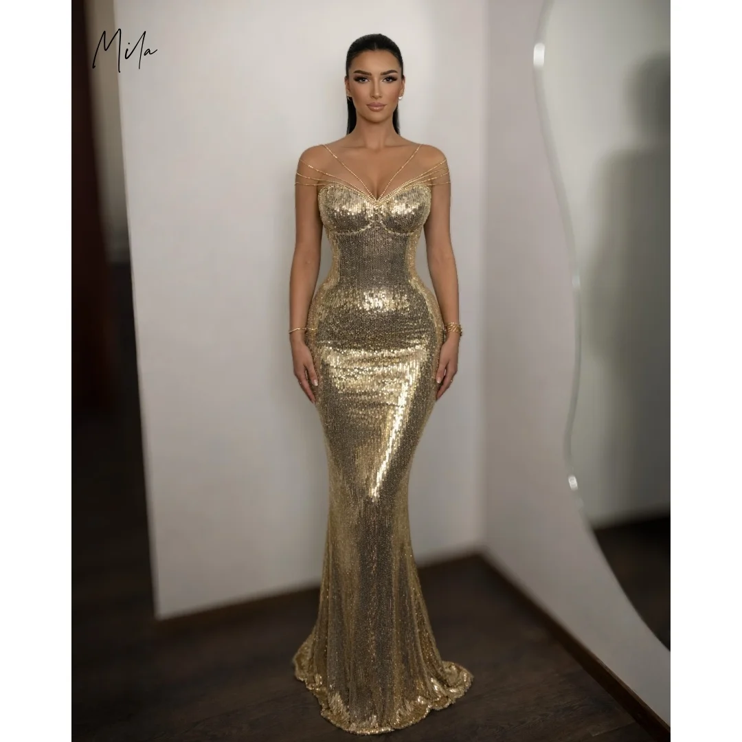 Mila Gold Sequin Prom Dresses with Strappy Neckline and Mermaid Silhouette Customized Formal Evening vestidos de gala for Women