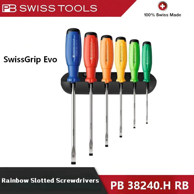 PB Swiss Tools PB 38240.H RB High Torque Slotted Screwdriver 6PCS SwissGrip Evo Wall Holder Industrial Auto Repair