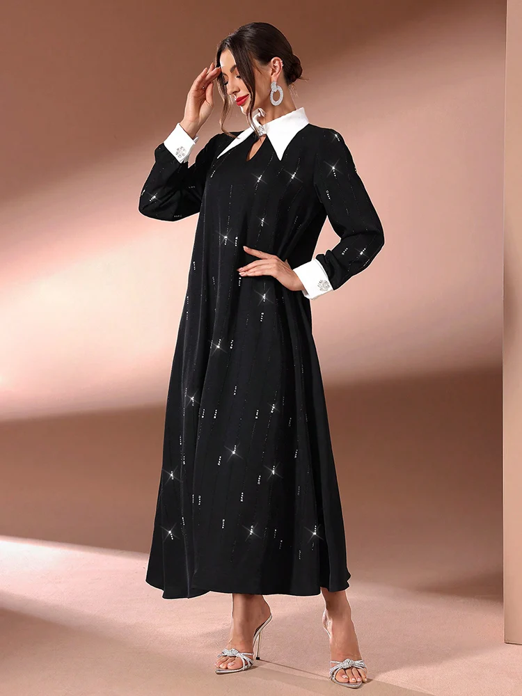 TOLEEN 2024 New Spring Summer Luxury Elegant Diamond Women Dress Contrast Collar Long Sleeve Abaya Arabian Party Evening Dresses