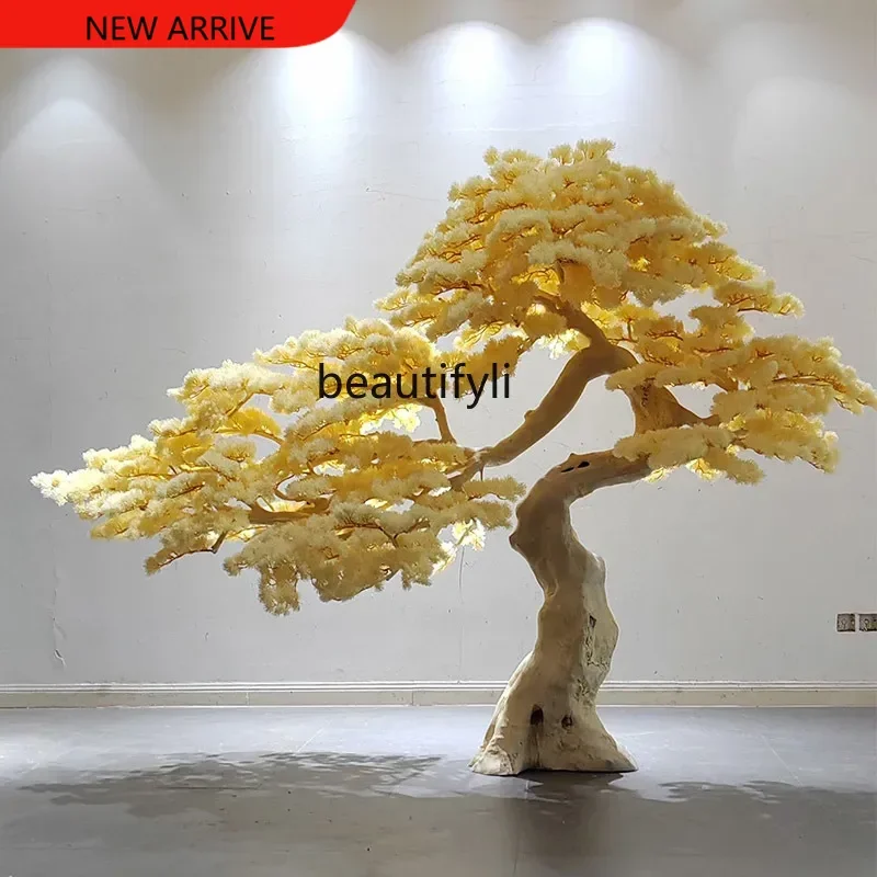X New Chinese Artificial Yellow Welcome Pine Large Old Root Carving Solid Wood Hotel Ornaments Landscape