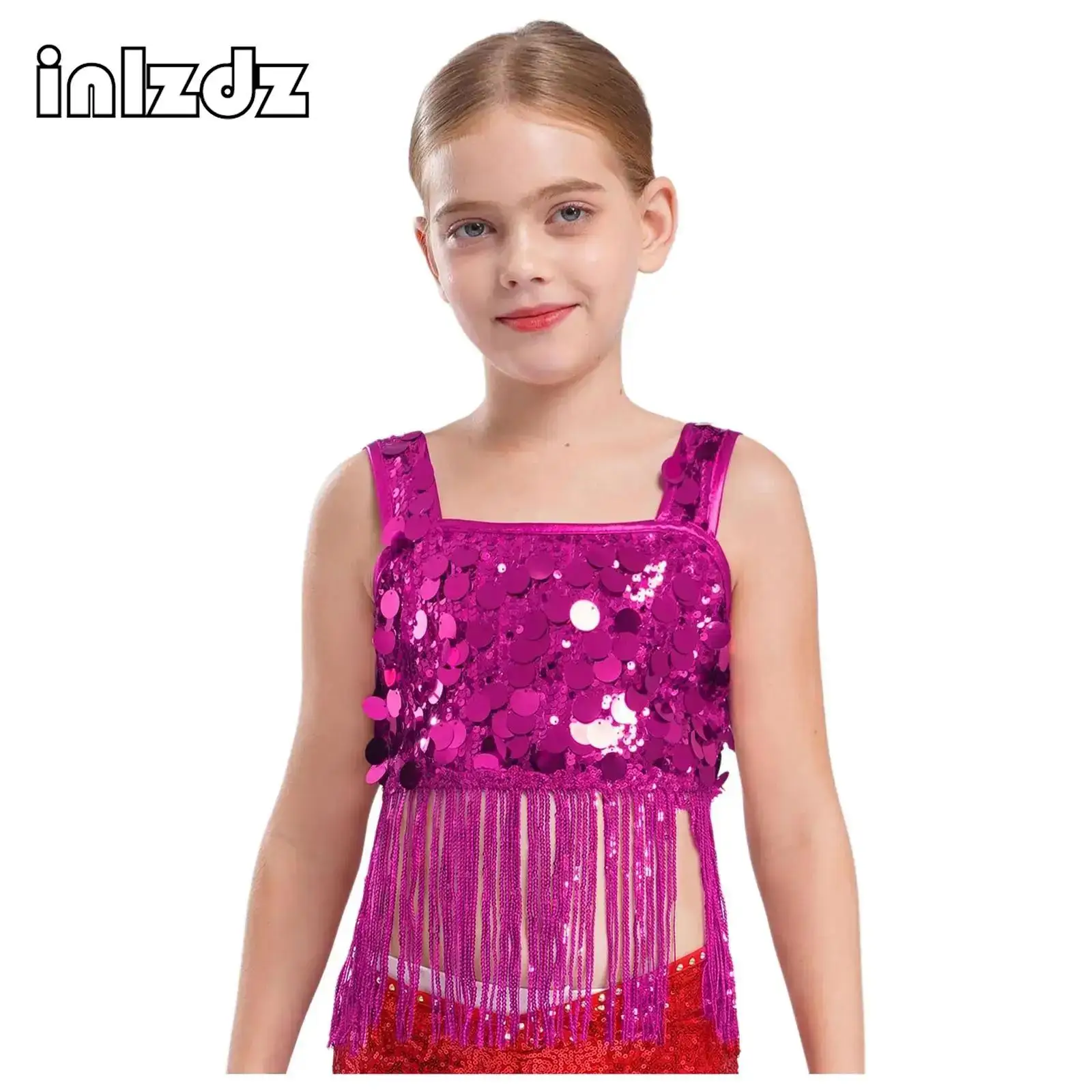 

Kids Girls Jazz Dance Costume Set Crop Top Wide Shoulder Straps Sequin Tassels with Elastic Waistband Shorts Stage Performance