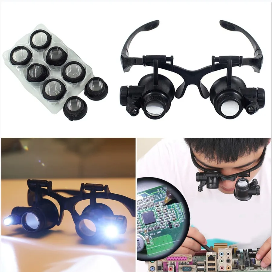 10X 15X 20X 25X Double Eye Loupe Head Wearing Magnifier Eye Glasses Loupes with LED Light Headband Jeweler Watch Repair Loupe