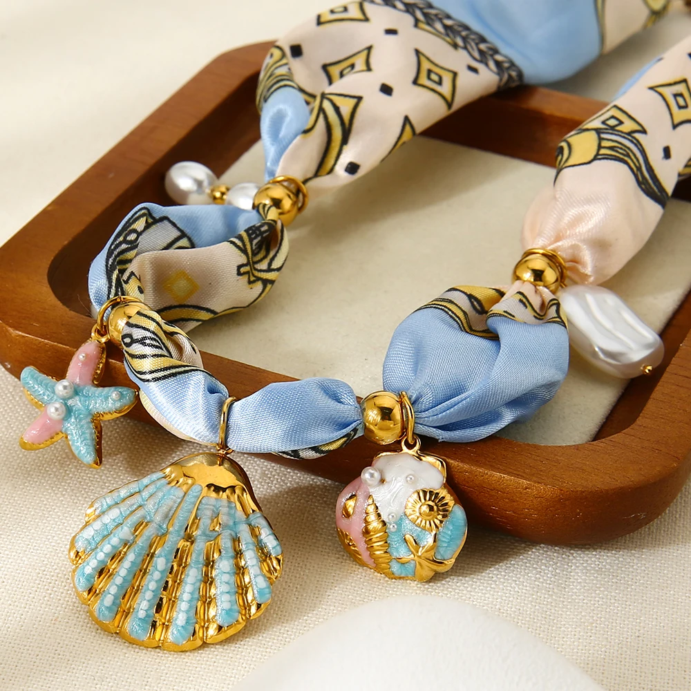INS Ocean Necklace Colorful Enamel Starfish & Shell Pendant 18K Gold Plated Stainless Steel Ribbon Chain Necklace for Women