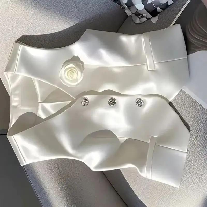 

Лето 2025 г., женский атласный жилет, топ, элегантный жилет без рукавов с v-образным вырезом, однобортный формальный повседневный костюм, женские новые шикарные жилеты