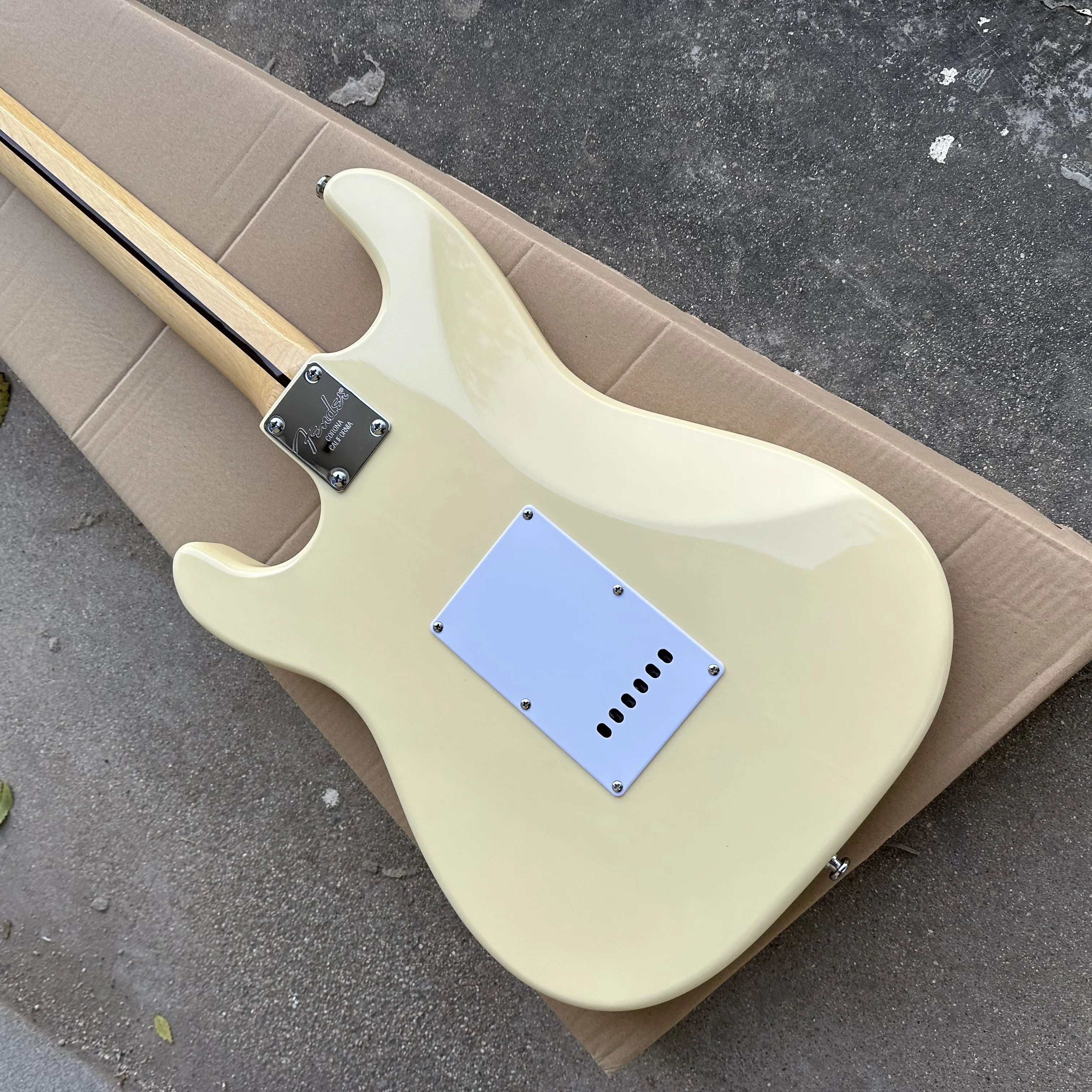 St yellow Electric Guitar Scalloped Maple Fretboard Big head white Pickguard 3S Pickups free shipping