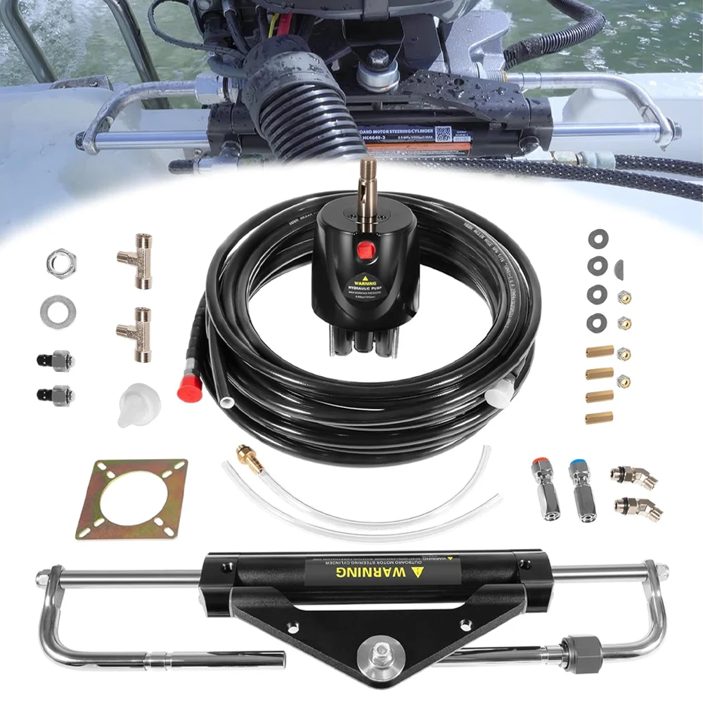 150HP Hydraulic Outboard Steering Kit Boat Marine System, Built-in Two-Way Lock Cylinder for Single-Engine Use Only., Black