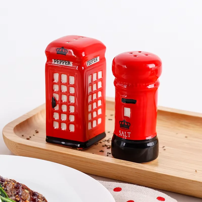 Conjunto exclusivo de potes de especiarias de cerâmica, 2 peças, cabine telefônica e formas de caixa postal, potes práticos de pimenta, sal marinho para bancada de cozinha