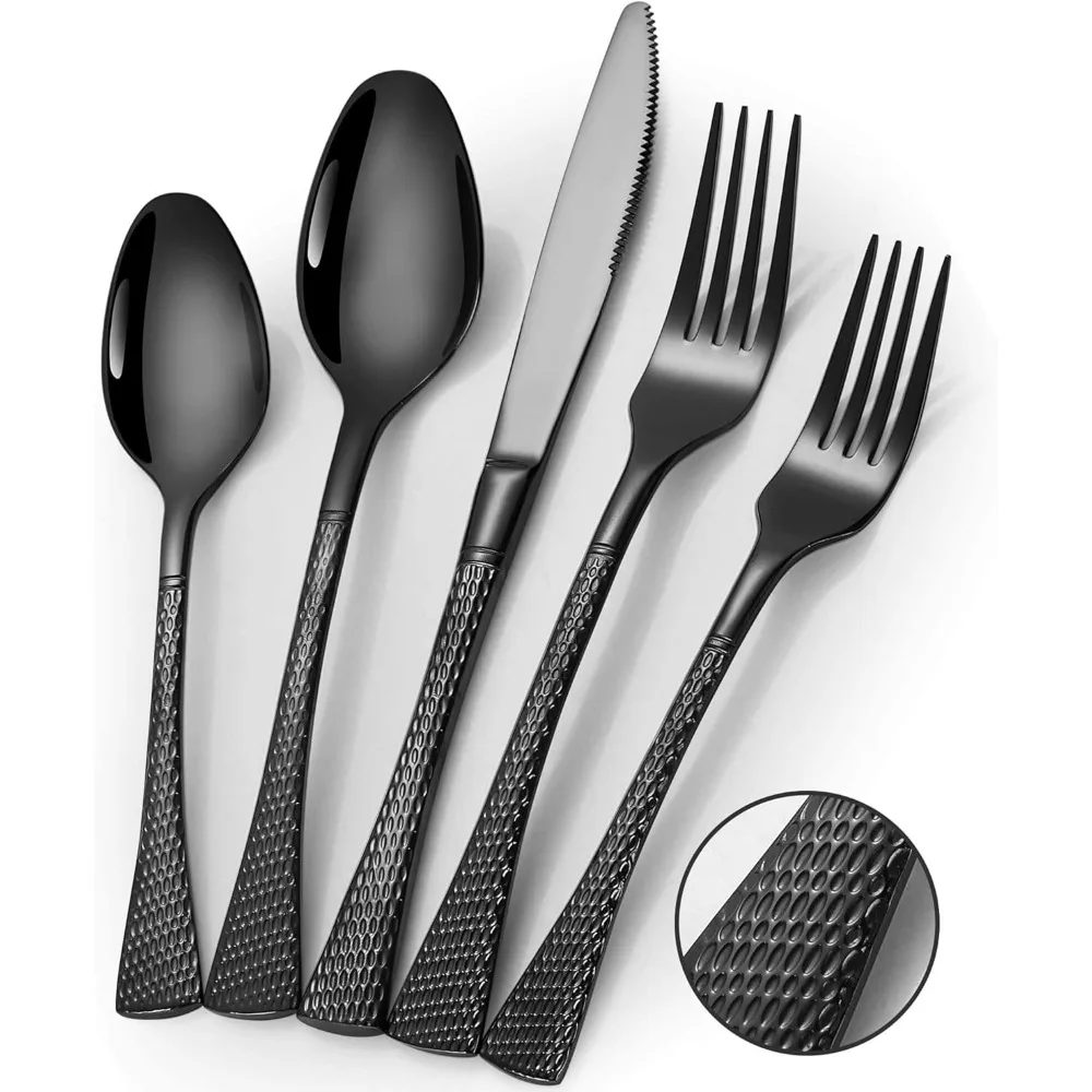 

20-Piece Modern Hammered Black Silverware Set, Service for 4, Mirror Polished Stainless Steel Cutlery