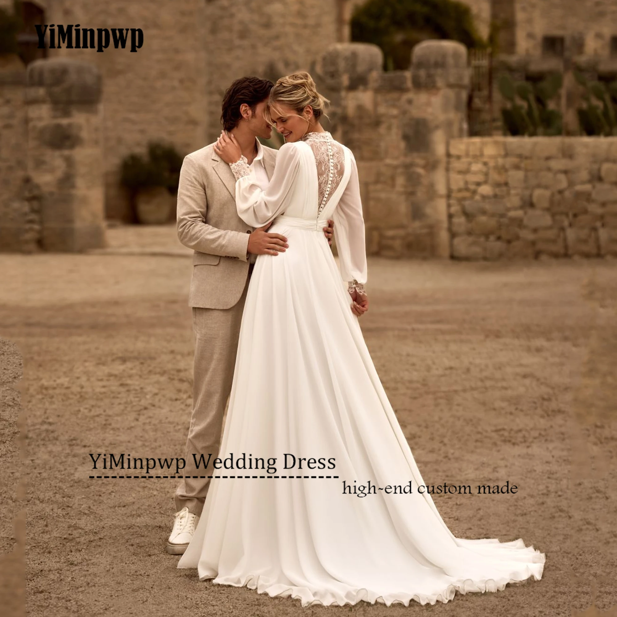 Customized Chiffon Boho A-Line Wedding Dress 2025 Bride Puff Sleeve Pleat Lace Bride Gowns Beach vestidos de novia Side Split