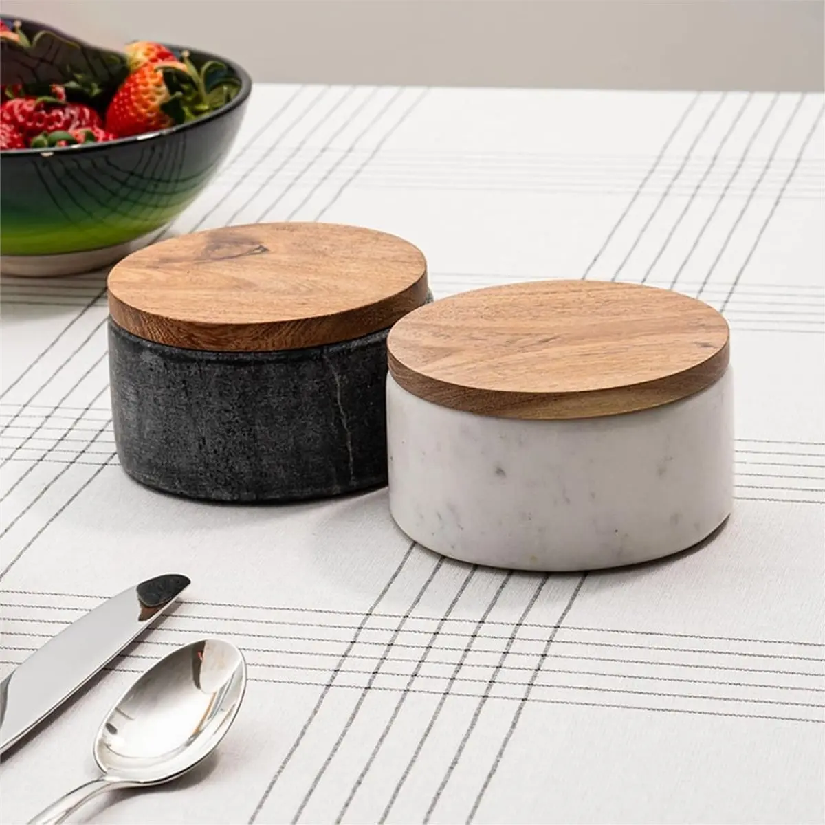 1set Seasoning Jars with Wooden Lids and Spoons, Marble Salt Shakers, and Seasoning Storage Jars-Perfect for Kitchen
