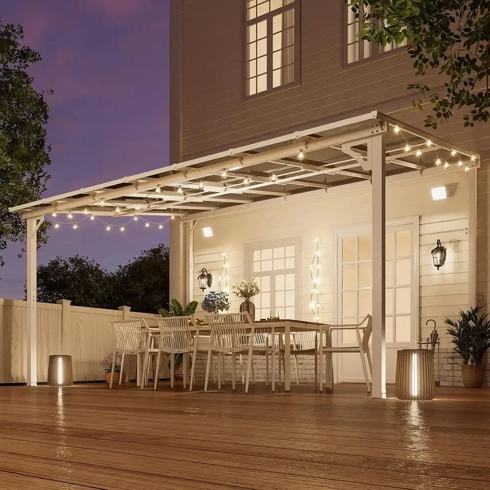 10' x 14' Wall Mounted Lean to Metal Awnings with Sloped Roo, Outdoor Patio Gazebo Awning or Backyard, Deck, White