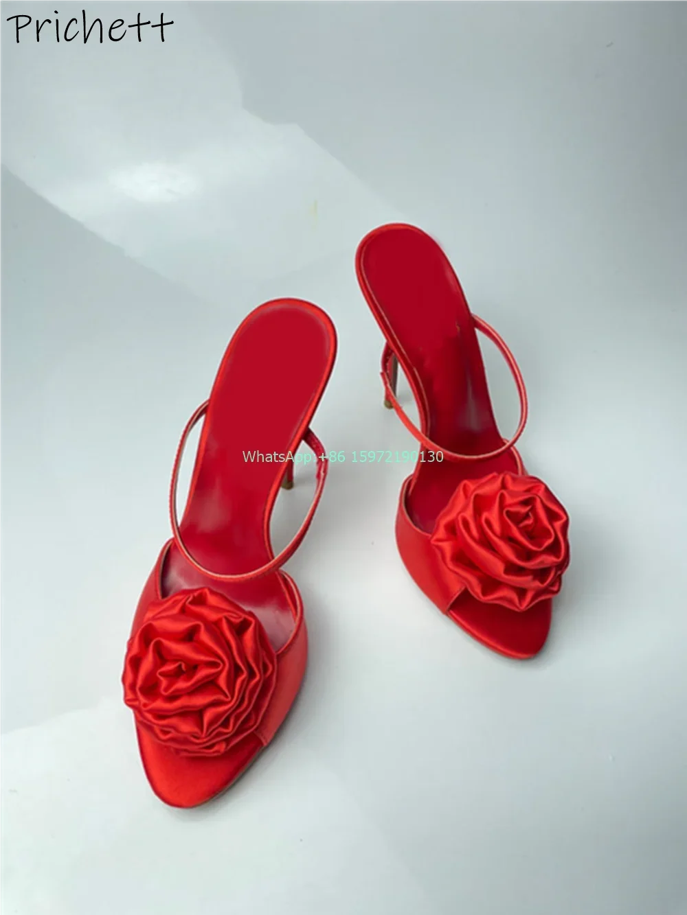 Satin Rose Two Way Wear Sandals Peep Toe Thin Heels Solid Slip On Outdoor Slippers Women's Luxury Red Pleated Flower Shoes