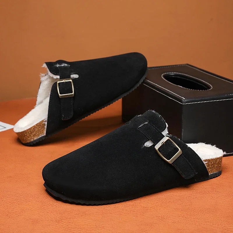 Winter Fur Clogs For Men Women Plush Classic Cork Slippers Fashion Suede Mules Slip-on Flat Sandals Adjustable Buckle Slippers