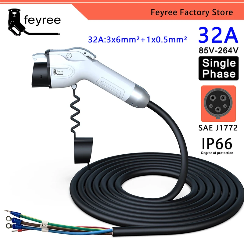 feyree SAEJ1772 Adapter Type1 Plug EV Charging Cable 5m Cord 32A 16A for Car Charger Station Electric Vehicle