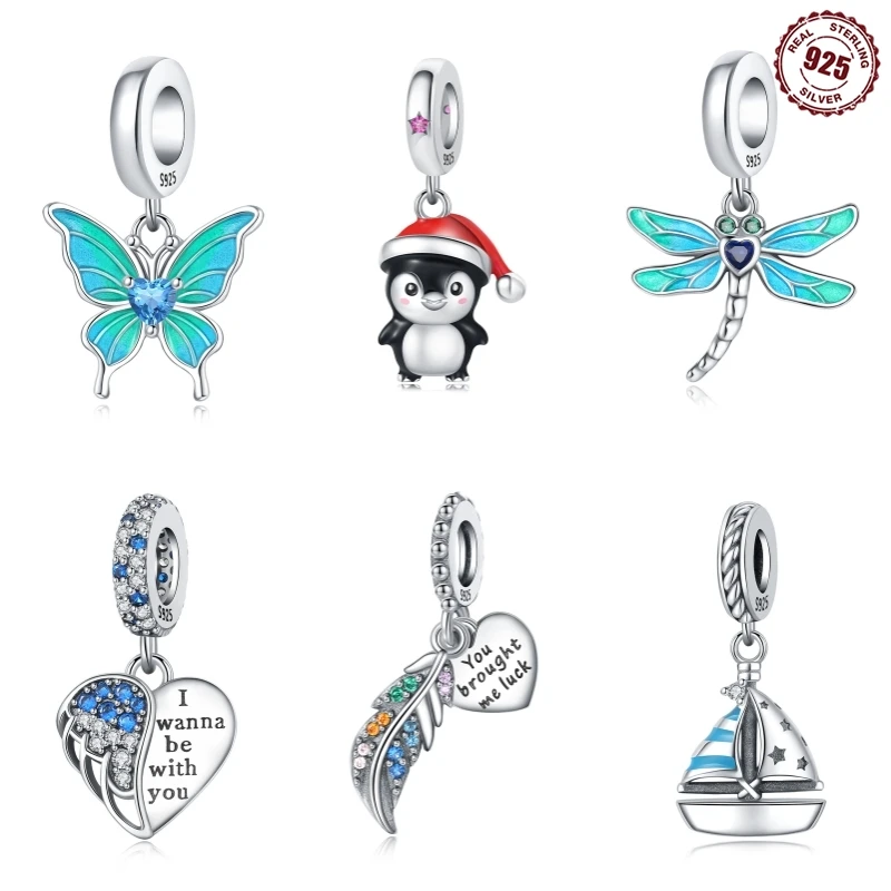

Original 925 Sterling Silver Beads Pendant Christmas Penguin Lucky Feather Blue Sailboat Charm Bracelet Diy Jewelry Making