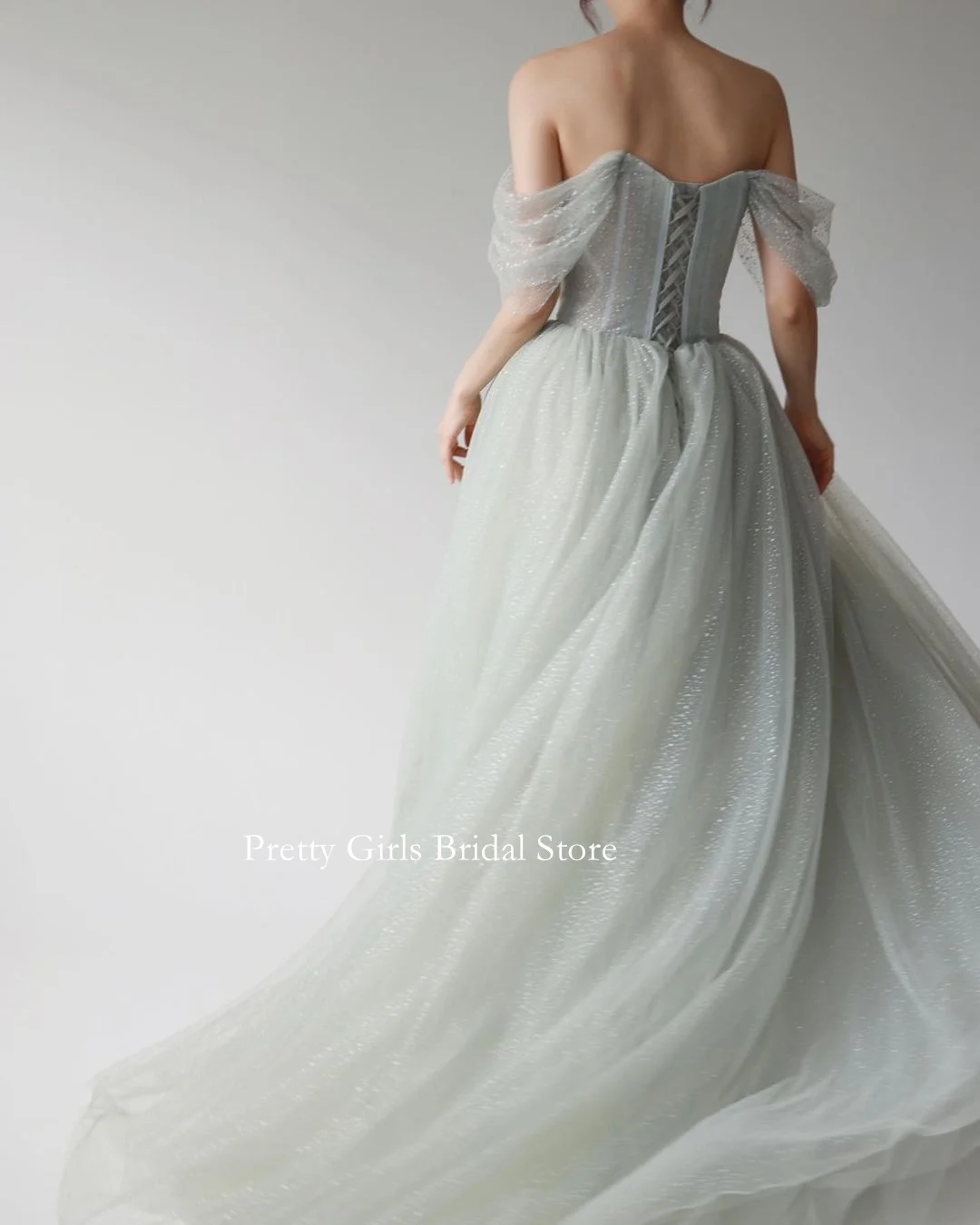 OEING Sweetheart Korea Short Sleeves Evening Dresses Glitter Tulle Formal 프롬드레스 Mint Green Prom Growns Party Women Bride