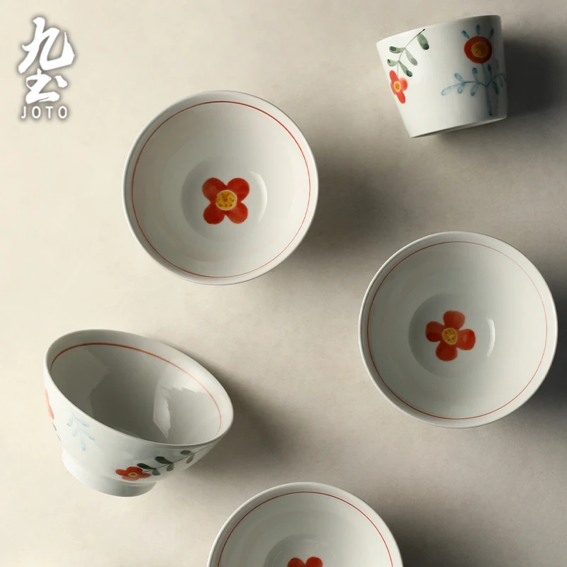 

JOTO Ceramics Bowl and Cup Set——White Rice Bowl + Cup with Underglaze Design,Durable Ceramic Dinnerware CJR0632
