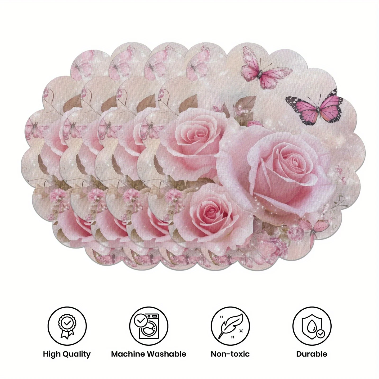 VIKAMA 4-teilige rosa Rose-Schmetterlingsmatte, Verbrühschutzmatte für Zuhause, Esstisch, Nachmittagstee, Restaurant-Dekoration, warmer und romantischer Stil