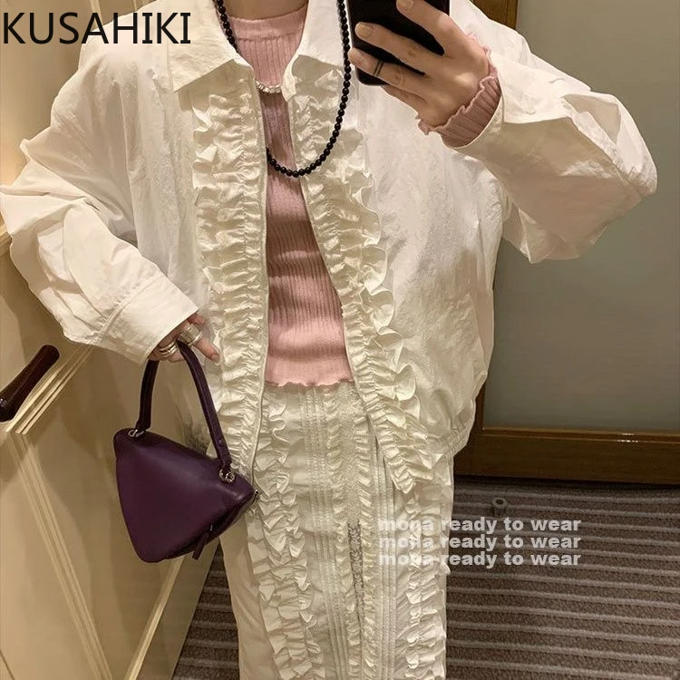 KUSAHIKI French Lace Niche Long Sleeved Korean Pleated Casual White Shirt Jacket 2024 Spring Autumn New Cardigan Coat