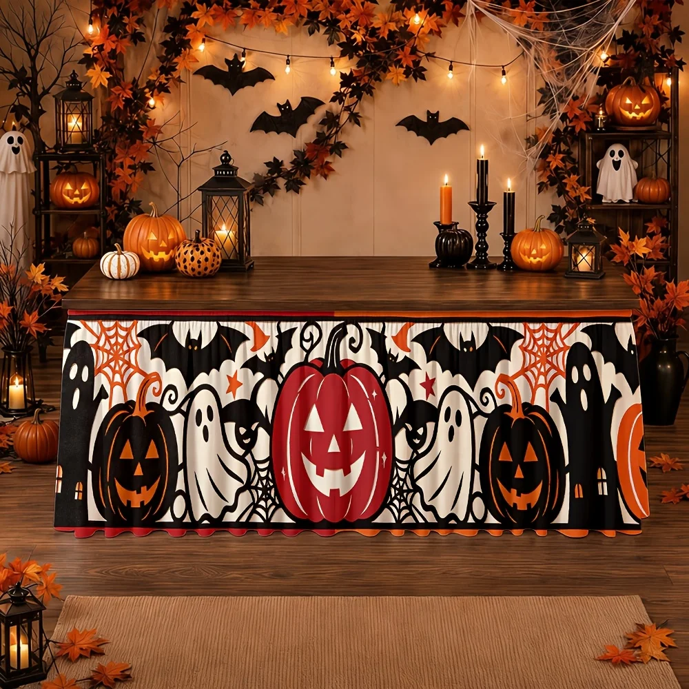 Halloween-themed tablecloth, decorated with terrifying pumpkins, ghosts, bats and spider webs.zyc
